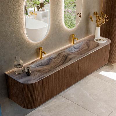 Badmeubel Mondiaz Kurve-Dlux | 200 cm | Meubelkleur Walnut | Wastafelkleur Sombra | Solid surface | Wasbak beide zijden spoelbak | 2 kraangaten