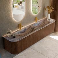 Badmeubel Mondiaz Kurve-Dlux | 200 cm | Meubelkleur Walnut | Wastafelkleur Sombra | Solid surface | Wasbak beide zijden spoelbak | 2 kraangaten