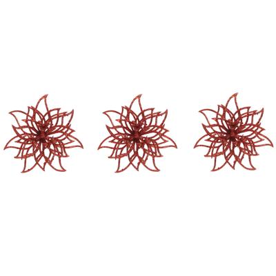 Kerstboom decoratie bloemen - 6x stuks - kerstster - rood glitters - op clip - 14 cm - kerstversieri