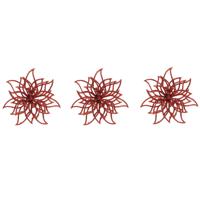 Kerstboom decoratie bloemen - 6x stuks - kerstster - rood glitters - op clip - 14 cm - kerstversieri