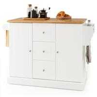 Keukenkast van Hout Keukeneiland met 5 Verborgen Wielen Keukentrolley met Werkblad en Handdoekhouder en 3 Laden Wit