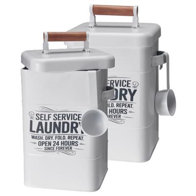 Wasmiddel/tablet bewaarblik - 2x - metaal - wit - met deksel en maatschep - 18 x 16 x 30 cm