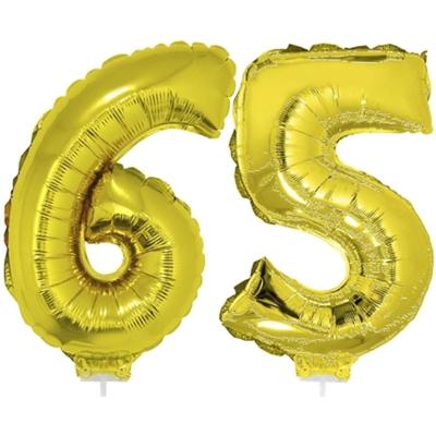65 jaar leeftijd feestartikelen - versiering cijfers - ballonnen op stokje - van 41 cm - goud