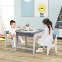 Kindertafel met 2 Stoelen 3-Delige Houten Kinderzitgroep met Dubbelzijdig Tafelblad 3-In-1 Tekentafel & Knutseltafel Activiteitentafel Grijs