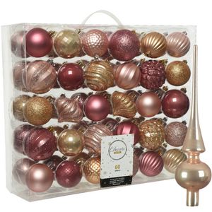 Kunststof kerstballen 60x stuks 6-7 cm met glazen glans piek roze en bruin - Kerstbal