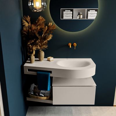 MONDIAZ RIVA 100cm badmeubel onderkast / planchet kleur Linen met 1 lade. Wastafel DULCET rechts 0 kraangaten kleur Linen. MONDIAZ RIVA 100cm badmeubel onderkast / planchet kleur Linen met 1 lade. Wastafel DULCET rechts 0 kraangaten kleur Linen.