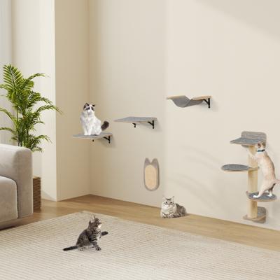 Wandkattenboom Meubel met 4 Niveaus Hangmat Krabplank & Mat 2 Springplatforms Ruimtebesparende Klimboom voor Binnenkatten