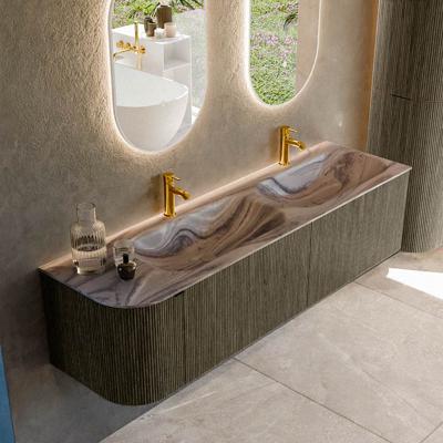 Badmeubel Mondiaz Kurve-Dlux | 165 cm | Meubelkleur Shadow | Wastafelkleur Sombra | Solid surface | Dubbel / Rechts spoelbak | 2 kraangaten