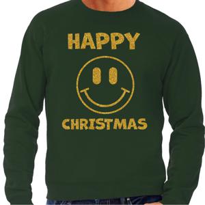 Foute Kersttrui/sweater voor heren - Happy Christmas - smiley - groen - glitter goud