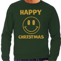 Foute Kersttrui/sweater voor heren - Happy Christmas - smiley - groen - glitter goud - thumbnail