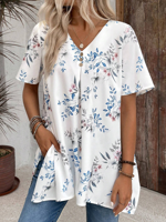 Women's Short Sleeve Shirt Summer White Floral Asymmetric V Neck Daily Going Out Casual Top