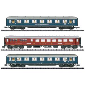 MiniTrix 18259 N set van 3 personenrijtuigen F-Zug F41 Senator van de DB 1e klas A4üe, ABü-38, restauratierijtuig WR4ü