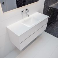 Mondiaz Vica Cloud badmeubel wit mat 120 cm 2 lades solid surface enkele spoelbak midden zonder kraangat