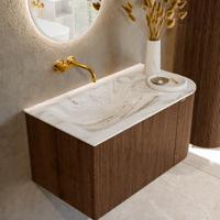 Badmeubel Mondiaz Kurve-Dlux | 85 cm | Meubelkleur Walnut | Wastafelkleur Glace | Solid surface | Links spoelbak | Zonder kraangat(en) Badmeubel Mondiaz Kurve-Dlux | 85 cm | Meubelkleur Walnut | Wastafelkleur Glace | Solid surface | Links spoelbak | Zonder kraangat(en)