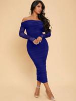Apricot Off Shoulder Ruched Mesh Bodycon Prom Party Dress Royal Blue / XS