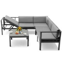 3-Delige Aluminium Terrasbankset Brede 3-Zitsbank met op 6 Niveaus Verstelbare Rugleuning en Salontafel van Gehard Glas