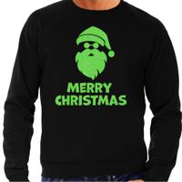 Foute Kersttrui/sweater voor heren - Merry Christmas - zwart - glitter groen - kerstman - thumbnail