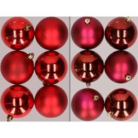 12x stuks kunststof kerstballen mix van rood en donkerrood 8 cm - thumbnail