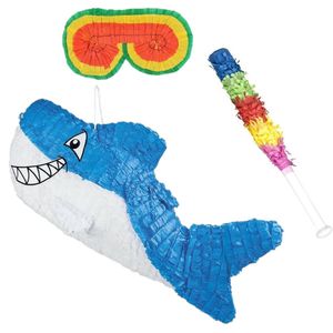 Verjaardag Pinata blauwe haai van 60 cm set met stok en masker