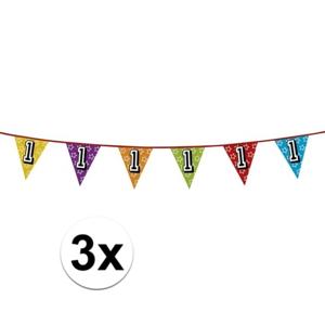 Vlaggenlijn 1 jaar - 3x - holografisch - glitters - 8 meter - plastic -1e verjaardag versiering