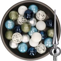 37x stuks kunststof kerstballen 6 cm incl. glazen piek blauw-wit-zilver-groen - Kerstbal - thumbnail