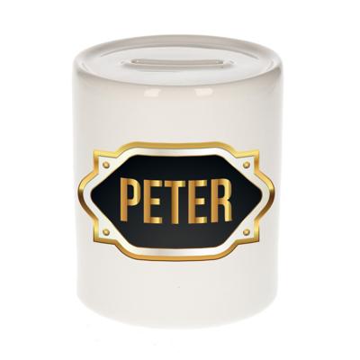 Spaarpot met voornaam Peter - wit - goud/zwart embleem - 8 x 9 cm - keramiek - afsluitdop