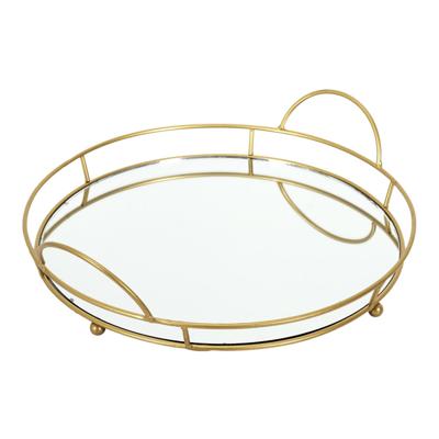 Home Deco Factory dienblad van spiegel glas - Rond - 34 x 4 cm - goud metaal - opstaande rand