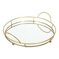 Home Deco Factory dienblad van spiegel glas - Rond - 34 x 4 cm - goud metaal - opstaande rand