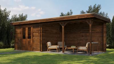 Lugarde Select Blokhut met overkapping Zandvoort 300x250cm + 400cm - Keteldruk Bruin- Plat dak- - Lugarde Select