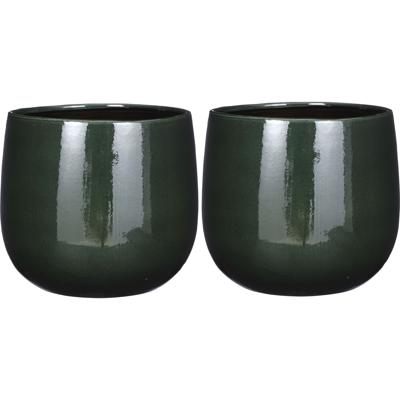Mica Decorations plantenpot/bloempot - 2x - keramiek - donkergroen glans/spotted- d26/h24 cm