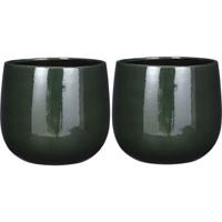 Mica Decorations plantenpot/bloempot - 2x - keramiek - donkergroen glans/spotted- d26/h24 cm