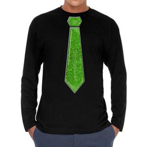 Verkleed shirt voor heren - stropdas glitter groen - zwart - carnaval - foute party - longsleeve