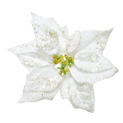 Kerstversiering bloem - wit glitter - op clip - 20 cm - Decoratiebloemen - kerstversiering