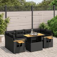 7-delige Loungeset met kussens poly rattan zwart