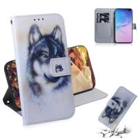 Witte Wolf patroon gekleurde tekening horizontale Flip lederen case voor Galaxy S10 Plus met houder & card slots & portemonnee