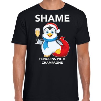 Pinguin Kerst t-shirt / outfit Shame penguins with champagne zwart voor heren Pinguin Kerst t-shirt / outfit Shame penguins with champagne zwart voor heren