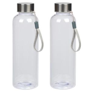 Waterfles met RVS schroefdop en nylon polslus - 2x stuks - transparant - 550 ml - Sportfles - Bidon