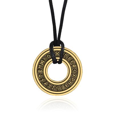 Amulet Ketting "Odin" - Ronde Circel met Noorse Tekens Goudkleurig