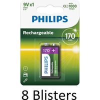 8 Stuks (8 Blisters a 1 st) Philips Oplaadbare 9V batterij - 170mAh - thumbnail