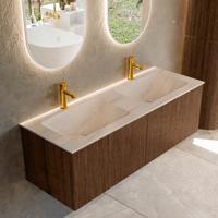 Badmeubel Mondiaz Kurve-Dlux | 130 cm | Meubelkleur Walnut | Wastafelkleur Meli | Solid surface | Wasbak beide zijden spoelbak | 2 kraangaten