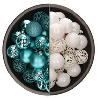 74x stuks kunststof kerstballen mix van wit en turquoise blauw 6 cm - Kerstbal - thumbnail