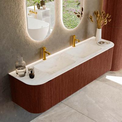 Badmeubel Mondiaz Kurve-Dlux | 170 cm cm | Meubelkleur Ruby | Wastafelkleur Opalo | Solid surface | Wasbak beiden zijden spoelbak | 2 kraangaten