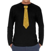 Zwart long sleeve t-shirt met gouden stropdas voor heren 2XL  - - thumbnail