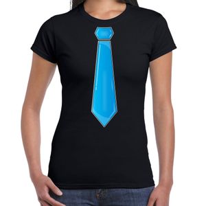 Verkleed t-shirt voor dames - stropdas blauw - zwart - carnaval - foute party - verkleedshirt