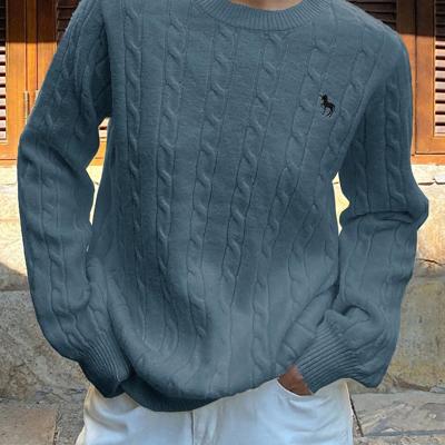 Bon&Bon Women's Navy Blue Polo Collar Cable-Knit Embroidered Sweater Blue / XL