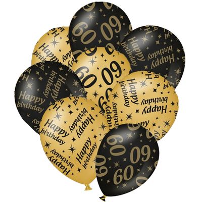 24x stuks leeftijd verjaardag ballonnen 60 jaar en happy birthday zwart/goud