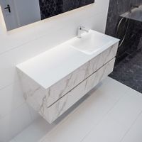Mondiaz Vica Cloud badmeubel wit carrara mat 120 cm 4 lades solid surface enkele spoelbak rechts 1 kraangat