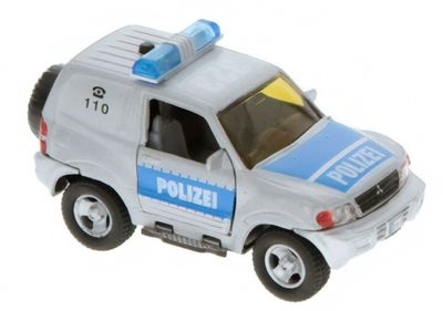 2 Play Duitse Mitsubishi politiewagen pull back L+G 11 cm zilver