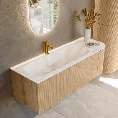 Badmeubel Mondiaz Kurve-Dlux | 135 cm | Meubelkleur Oak | Wastafelkleur Frappe | Solid surface | Links spoelbak | 1 kraangat