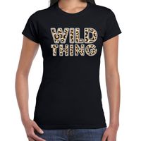 Wild thing fun tekst t-shirt voor dames zwart met panter print